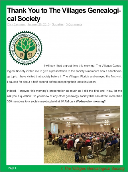 6 - Thank You to The Villages Genealogical Society - Dick Eastman p1.jpg