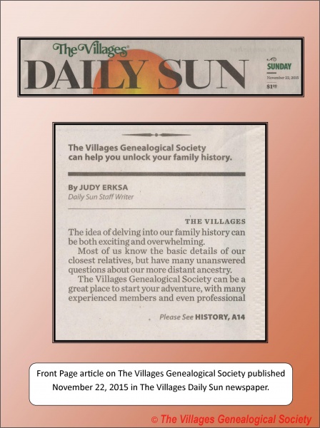 The Villages Genealogical Society - Daily Sun 2015 11 22 p1.jpg